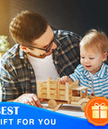 Wooden toy truck with open cargo bed in natural basswood; adult and child playing.