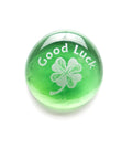 Green glass stone with 'Good Luck' and clover from Geocache Swag Glass Stones Set Of Six With Fun Images In A Deluxe Gift Box