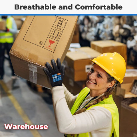 Person wearing 12 Pairs PU Coated Cut Resistant Work Gloves With Tough As Nails Grip For Warehouse Woodworking And Construction Men And Women Full Finger Touchscreen Compatibility ANSI A1 Protection lifting a box in a warehouse.