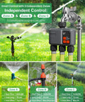 3 Zone WiFi Sprinkler Timer With 984 Ft Range And 3 Outlet Smart Water Timer For Garden Hoses setup showing zones A, B, C.