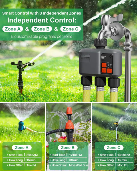 3 Zone WiFi Sprinkler Timer With 984 Ft Range And 3 Outlet Smart Water Timer For Garden Hoses setup showing zones A, B, C.