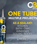 Pro Grade All-In-One Caulk Sealant And Adhesive Gray 10.1oz displayed with text for kitchen, bath, windows, doors, roofs use