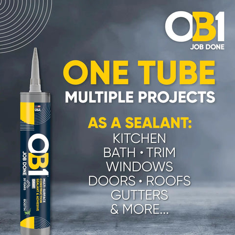 Pro Grade All-In-One Caulk Sealant And Adhesive Gray 10.1oz displayed with text for kitchen, bath, windows, doors, roofs use