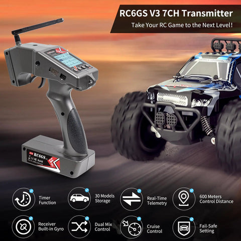Ultra Reliable 7 Channel RC Radio Transmitter With R7FG And R6FG Gyro Receivers 2.4GHz 600m Range shown with RC truck