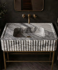 Calacatta Viola Marble Fluted Sink, Natural Stone Wall Mounted Washbasin with hand-carved fluted design and rectangular basin.