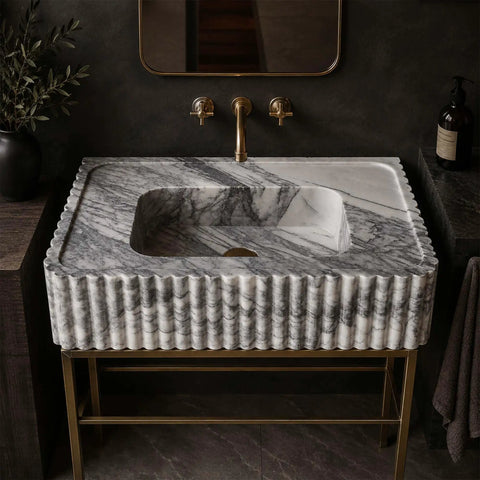 Calacatta Viola Marble Fluted Sink, Natural Stone Wall Mounted Washbasin with hand-carved fluted design and rectangular basin.