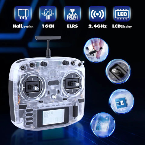 Boxer ELRS 2.4GHz 16 Channel Hall Gimbals Radio Controller With Carrying Case featuring LED display and close-up details