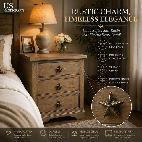 Star Shaped Antique Brass Cabinet Knob Drawer Pulls 2 Pack For Rustic Kitchen Cabinets And Dressers, Old West Farmhouse Vibe
