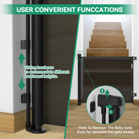 Retractable Baby Gate For Stairs And Doorways, 33 Inch Tall, Extends Up To 55 Inches Wide with sliding hardware for baseboards