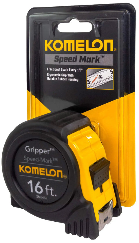 Speed Mark Gripper Tape Measure With Fractional Markings, Non Glare White Blade, Thick Rubber Grip in retail packaging.