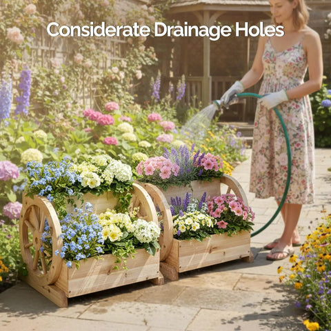 Cute Wooden Wagon Planter Box With Storage, Rustic Wheel Planter Decor For Flowers in Garden with Woman Watering