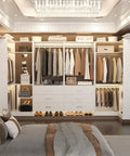 Top Notch White Closet Storage System Featuring Six Sturdy Wood Drawers Six Hanging Rods Corner Tower Shelf And Open Bottom Shoe Bin.