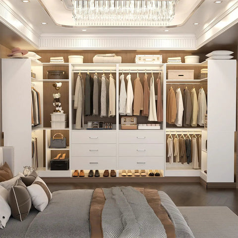 Top Notch White Closet Storage System Featuring Six Sturdy Wood Drawers Six Hanging Rods Corner Tower Shelf And Open Bottom Shoe Bin.