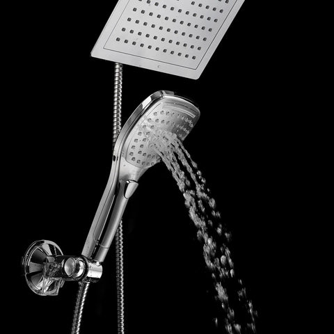 9 Inch Rainfall Shower Head And Handheld Combo With Push Button Flow Control, chrome, water flow visible