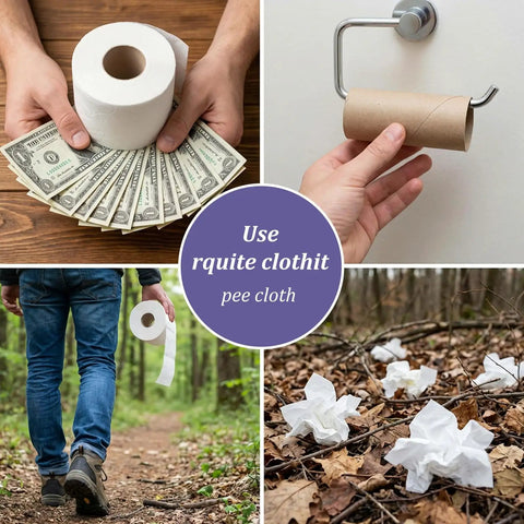Collage showing toilet paper alternatives and forest scene with crumpled tissues promoting 3 Pack Pee Cloths For Women Hiking Soft Absorbent Reusable Toilet Paper Washable For Camping Outdoor Travel No More TP Waste Easy To Clean And Reuse Ultra Portable For Hikers And Campers.