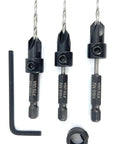 Knockout Adjustable Countersink Drill Bit Set with tapered twist bits, 7/64 inch carbon steel bits and hex key included.