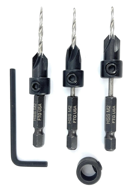 Knockout Adjustable Countersink Drill Bit Set with tapered twist bits, 7/64 inch carbon steel bits and hex key included.