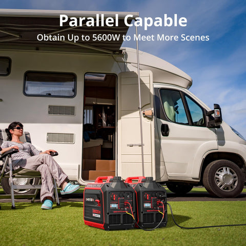 Two 3800W Gas Powered Portable Inverter Generators with CO Sensor, Eco Mode, set up near an RV in a campground.