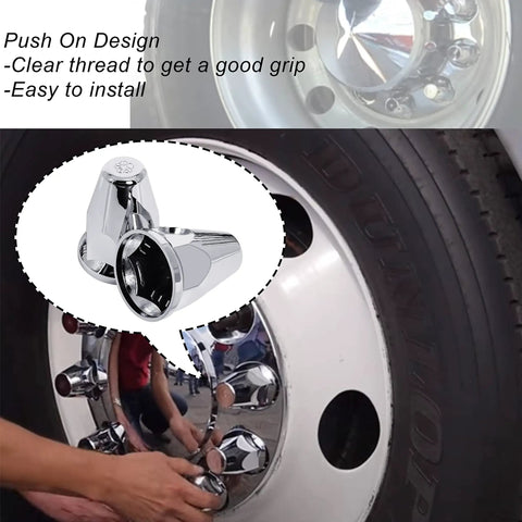 33mm Push On Lug Nut Covers 60 Pack For Truck Wheels, chrome plastic caps being installed on truck wheel bolt
