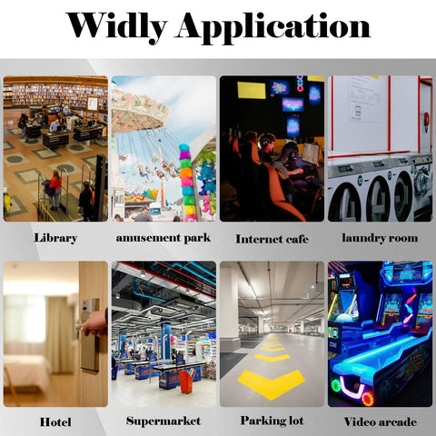 Image showing diverse applications for access control: library, amusement park, internet cafe, laundry, hotel, supermarket, parking, video arcade.