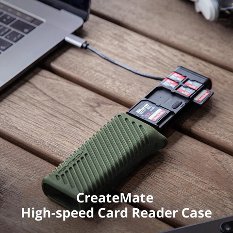 Lightning Fast USB 3.1 Type C Memory Card Reader with SD TF Nano Support in green case connected to laptop