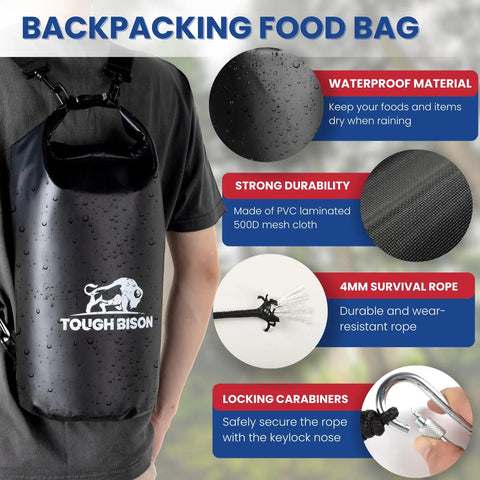 Backpacking food bag demonstrating Bear Bag Hanging Kit With 10L Waterproof Bear-Proof Food Storage Bag, straps, and carabiners
