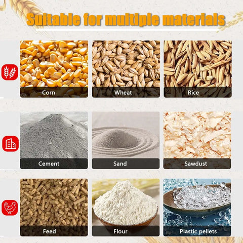 Image of suitable materials for Portable 2200W Grain Conveyor Auger: corn, wheat, rice, cement, sand, sawdust, feed, flour, plastic pellets.