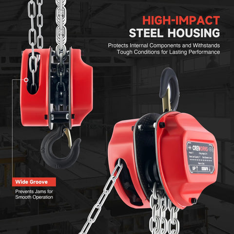 CREWORKS hand chain hoist, 1 ton capacity, red steel housing, 20 ft chain, G80 load chain.