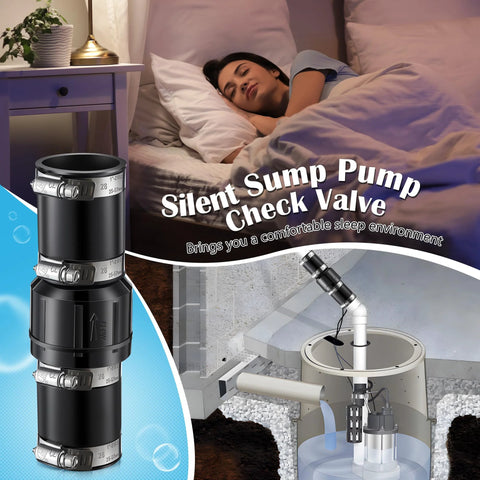Front view of Threlaco sump pump check valve kit with 4 stainless clamps for 1-1/2 in and 1-1/4 in pipes