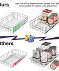 Heavy Duty Stainless Steel Pull Out Cabinet Organizer Two Pack side-by-side comparison of storage basket height and contents.
