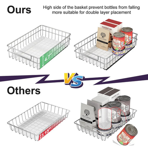 Heavy Duty Stainless Steel Pull Out Cabinet Organizer Two Pack side-by-side comparison of storage basket height and contents.