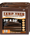 Brown Tarp 20x30 Feet 10 Mil Waterproof Poly Tarp With UV Resistant, folded with visible metal grommets and product label