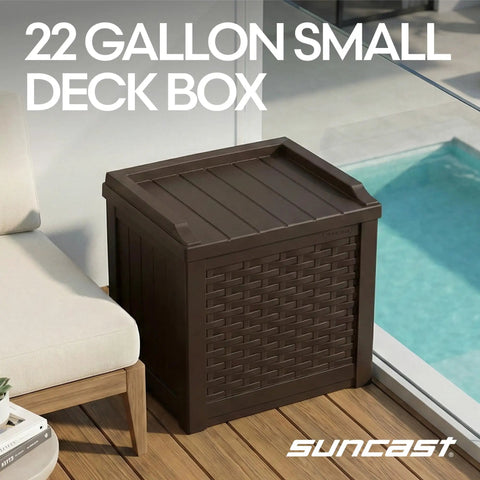 Java Resin 22 Gallon Outdoor Deck Box Weatherproof Storage Bin by patio near pool