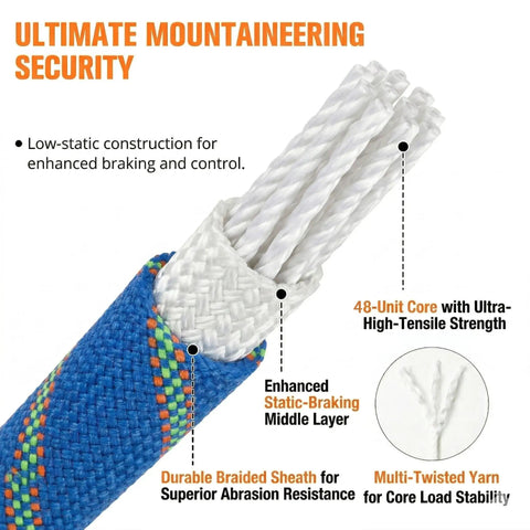 Diagram showing Double Braided Arborist Rigging Rope 1/2 Inch by 100 Feet Heavy Duty 48 Strand Polyester Static Rope cross-section.