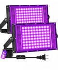 2 Pack 100W Black Light Flood Light Blacklight for Glow Party with purple LEDs, 6FT cord, and sturdy backing brackets.