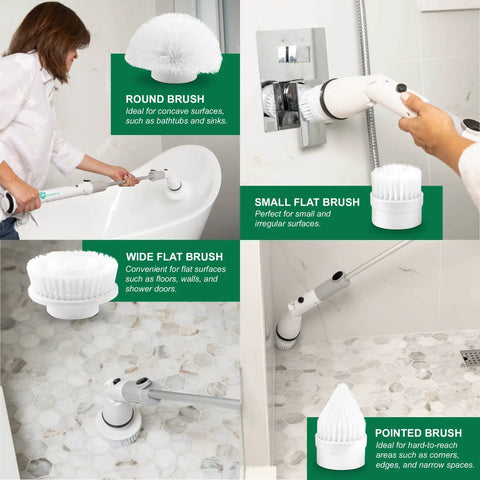 Electric Spin Scrub Brush For Bathroom Cordless Portable Rechargeable Deep Cleaning With four brush attachments on tiles.
