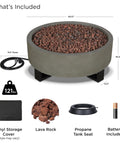 Contemporary Propane Fire Bowl 40x40 Inch Round Glacier Gray Finish with 50000 BTU and accessories included for patio use