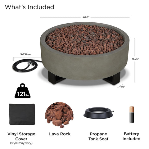 Contemporary Propane Fire Bowl 40x40 Inch Round Glacier Gray Finish with 50000 BTU and accessories included for patio use