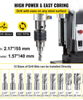 High power 1100 Watt Electric Core Driller showing drill specs, 12 bit sizes for Built Tough Portable Magnetic Drill Press.