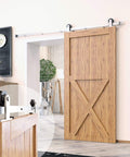 Brushed Nickel Non Bypass Sliding Barn Door Hardware Kit For One Door 7ft Flat Track T Shape Rollers Heavy Duty Interior Use
