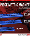 Magnetic Socket Organizer Set 3 Piece Metric Socket Holder Blue For One Half Inch Three Eighth Inch And One Quarter Inch Drives Holds 75 Sockets Pro Grade Socket Tray Organizer displayed in workshop.