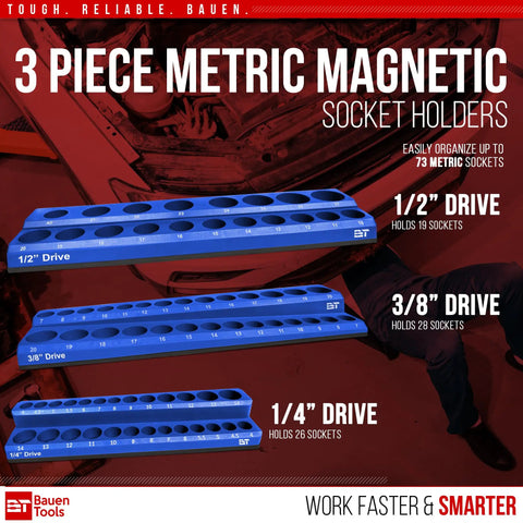 Magnetic Socket Organizer Set 3 Piece Metric Socket Holder Blue For One Half Inch Three Eighth Inch And One Quarter Inch Drives Holds 75 Sockets Pro Grade Socket Tray Organizer displayed in workshop.