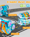 Transparent 360 Degree Light Up Music Stunt Car for Autism Sensory Play showing stand-up, flip over, and rotation modes.
