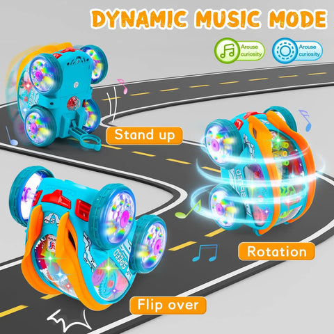 Transparent 360 Degree Light Up Music Stunt Car for Autism Sensory Play showing stand-up, flip over, and rotation modes.