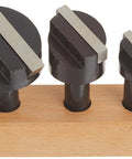 Fly Cutter Set With Tool Bits Includes Three Head Sizes Three Quarter Inch One And One Eighth Inch One And Three Eighth Inch Plus Half Inch Shank Bits In Three Sixteenth Inch One Quarter Inch Five Sixteenth Inch Black Oxide Finish With Setscrews And