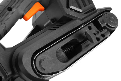 Cordless Belt Sander With Variable Speed For Precise Finishing, Handheld And Portable, 3 By 18 Inch Belt, lock-on trigger detail