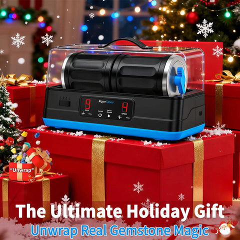 Ultra Quiet Brushless Rock Tumbler Kit With Dual 7Lb Barrels shown on holiday gift boxes