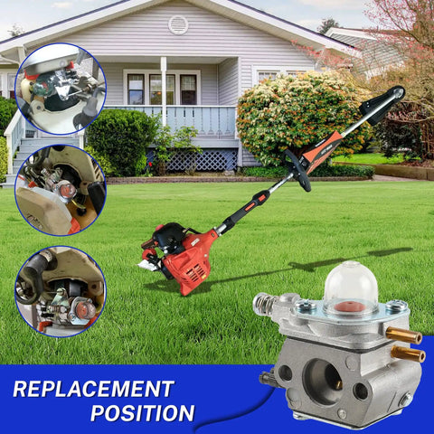 Echo Trimmer Carburetor With Tune Up Air Filter Kit Replacement for SRM 2100 models shown with trimmer and carburetor close-ups