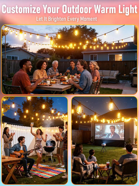 Lit 60 Foot LED Outdoor String Lights With 16 Plus 1 Edison Shatterproof IP65 Waterproof Bulbs 2700K for garden parties