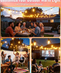 100 Ft LED Outdoor String Lights With 30 Shatterproof Edison Style Bulbs creating a warm ambiance in a garden party setting.